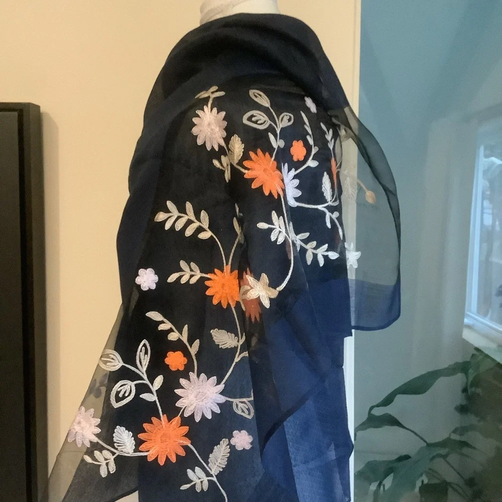 New Thai Silk Floral Embroidered Sheer Scarf